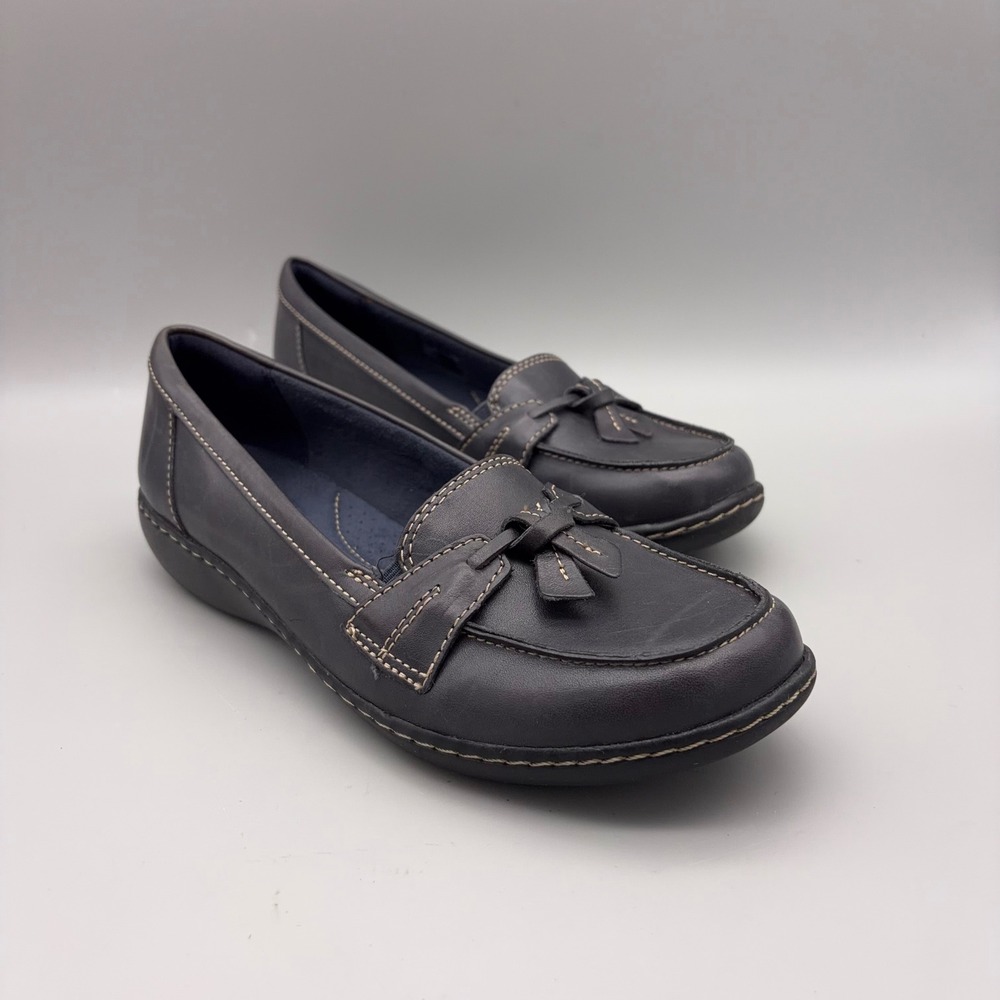 Clarks Loafers Womens 8 Brown Solid Leather Slip On Bow Comfort Casual